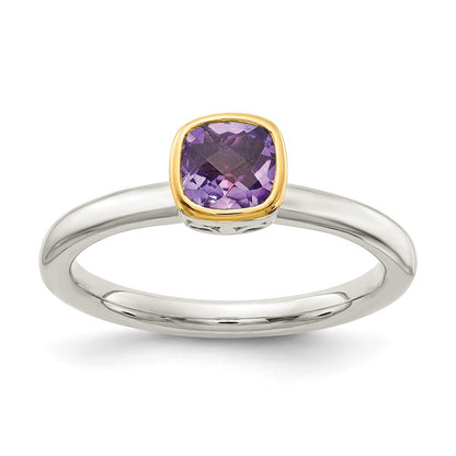 Sterling Silver Rhodium-plated with 14K Accent  Cushion-cut Amethyst Ring