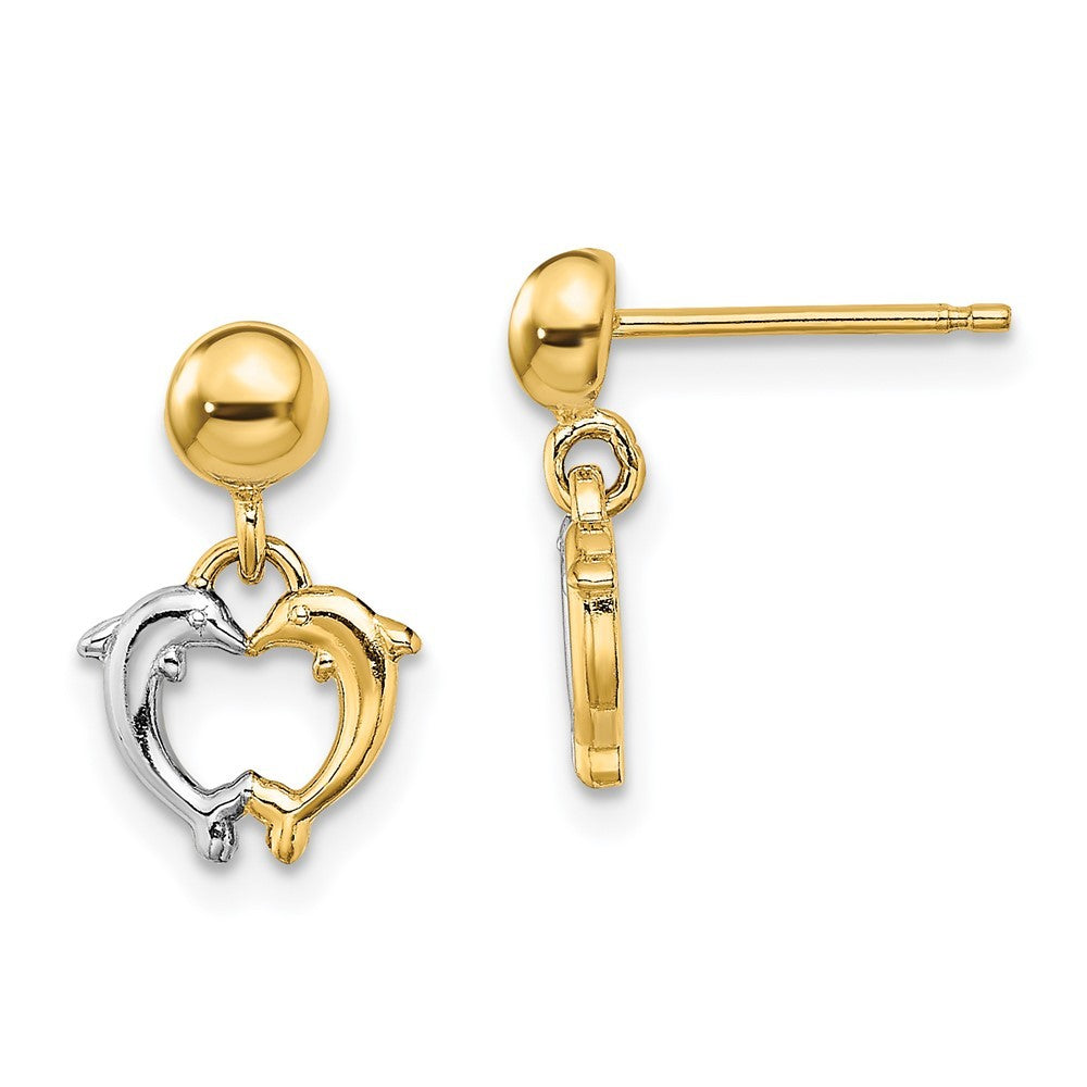 14k Yellow Gold W/ Rhodium Dolphin Dangle Earrings