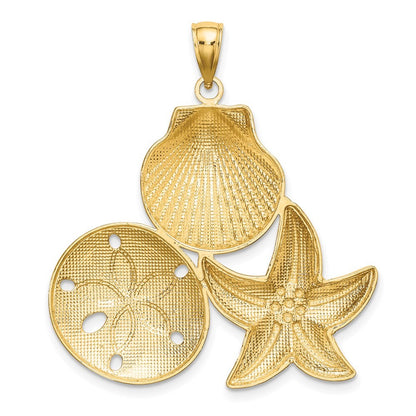 14k Yellow Gold White Rhodium Diamond-cut Scallop Starfish Sand Dollar Charm