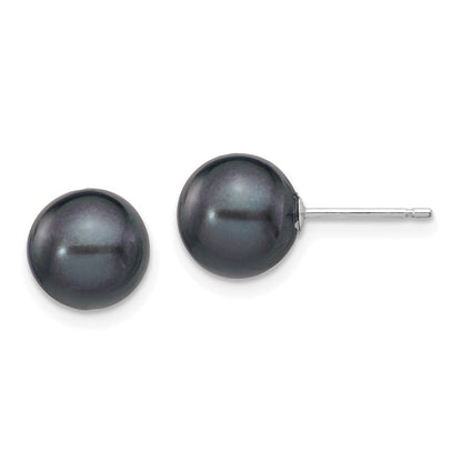 14k White Gold 8-9mm Black Round Freshwater Cultured Pearl Stud Earrings