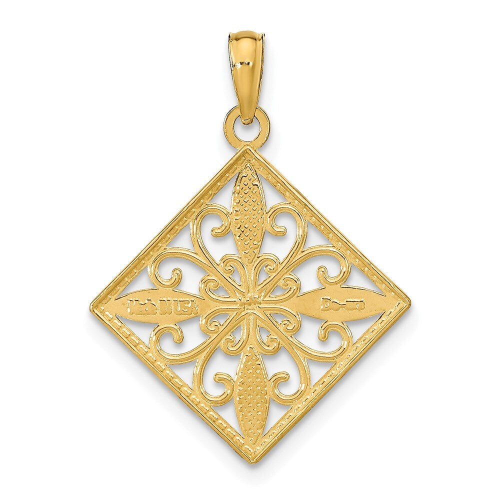 14k Yellow Gold Rhodium Flower and Cross Square Charm Pendant for Women