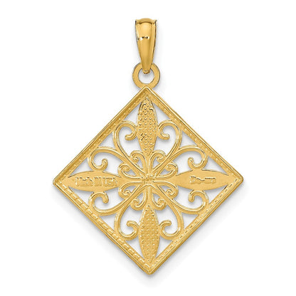 14k Yellow Gold Rhodium Flower and Cross Square Charm Pendant for Women