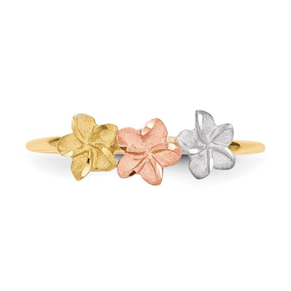 14K Two-tone Gold White Rhodium Polished and Satin 3 Flower Ring