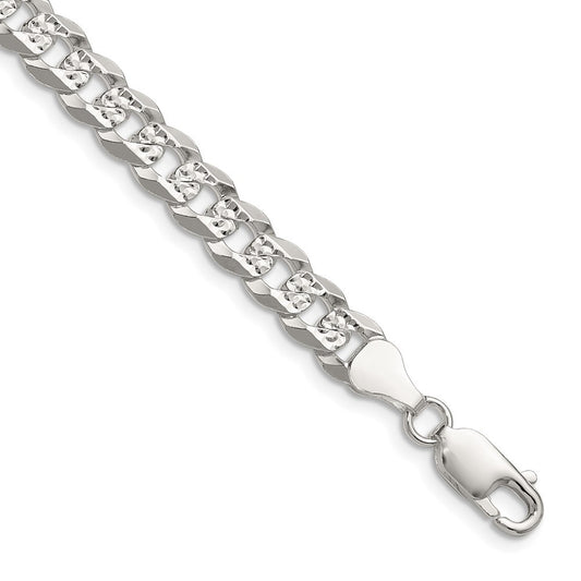 Sterling Silver 6.75mm Flat Diamond-Cut Pave Curb Chain Necklace