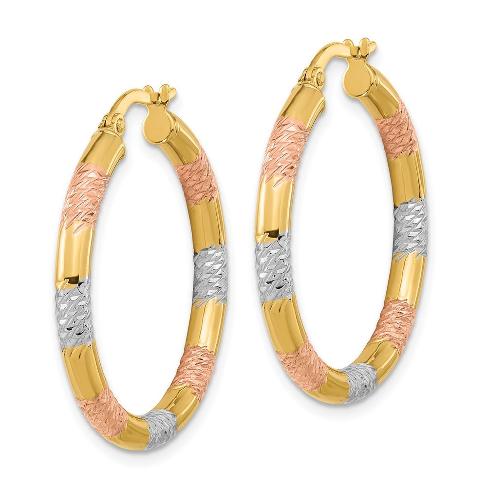 14k Yellow Gold with Rose and White Rhodium Diamond-cut 3.0mm Hoop Earrings