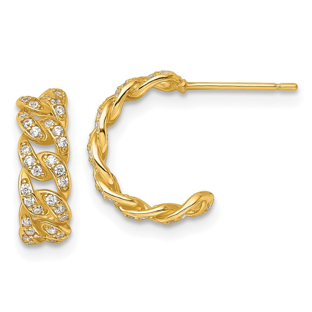 14k Yellow Gold Polished CZ Curb Link C-Hoop Earrings