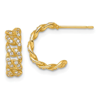 14k Yellow Gold Polished CZ Curb Link C-Hoop Earrings