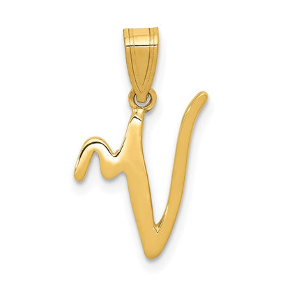 14k Yellow Gold Script Letter V Initial Pendant