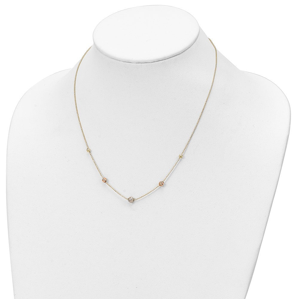 14K Tri-Color Diamond-cut Beads and Beaded Chain Necklace 18" Station Necklace
