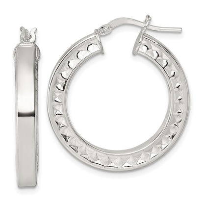 Sterling Silver Polished and Textured 4.00 x 29mm Hoop Earrings