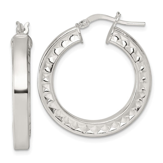 Sterling Silver Polished and Textured 4.00 x 29mm Hoop Earrings