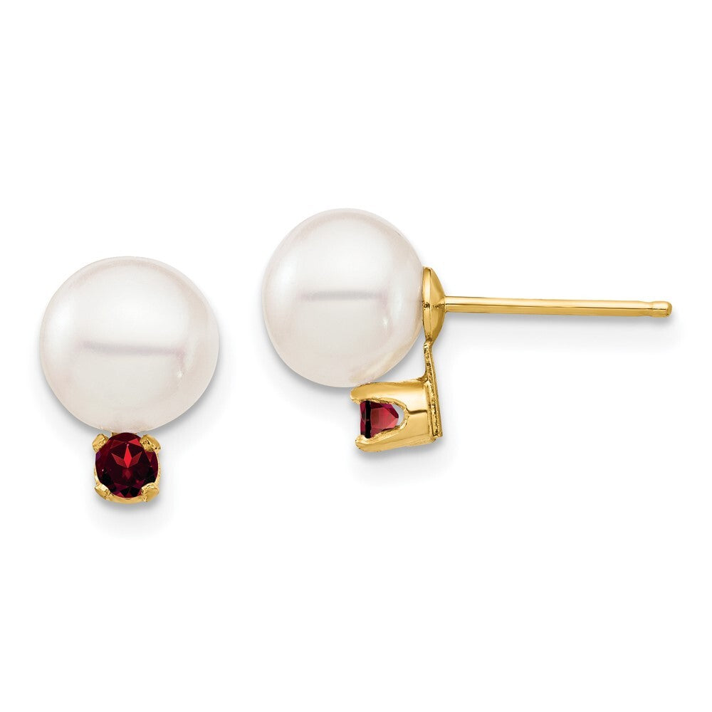 14k Yellow Gold 7-7.5mm Freshwater Cultured Pearl and .18GA Garnet Stud Earrings