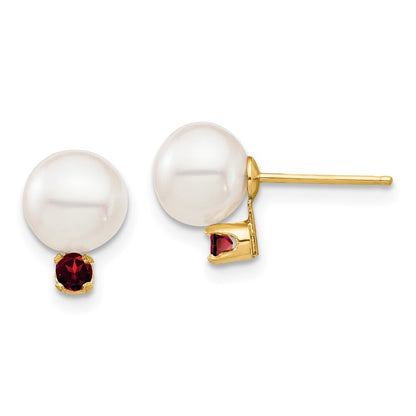 14k Yellow Gold 7-7.5mm Freshwater Cultured Pearl and .18GA Garnet Stud Earrings