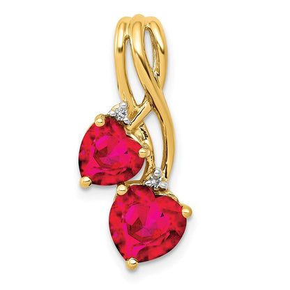 14k Yellow Gold Lab Created Ruby and Diamond Double Heart Pendant for Women