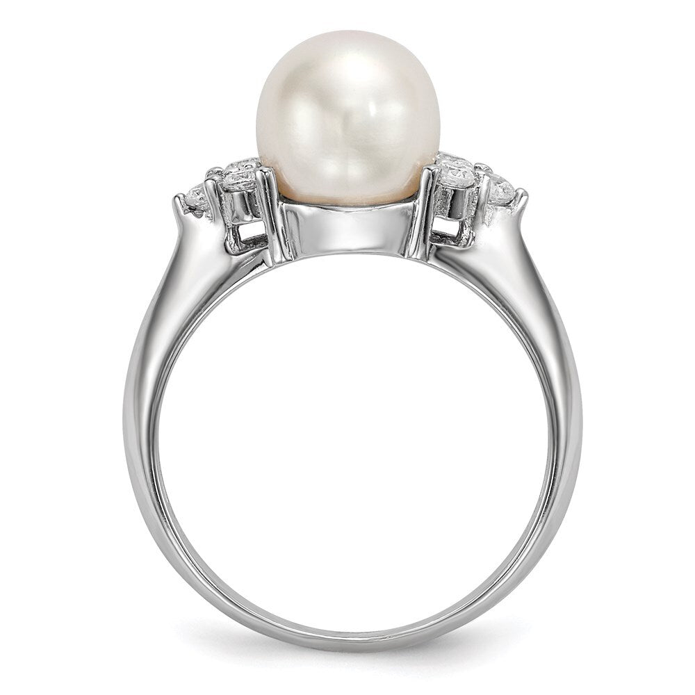 Sterling Silver 8-9mm White Button Freshwater Cultured Pearl and CZ Ring