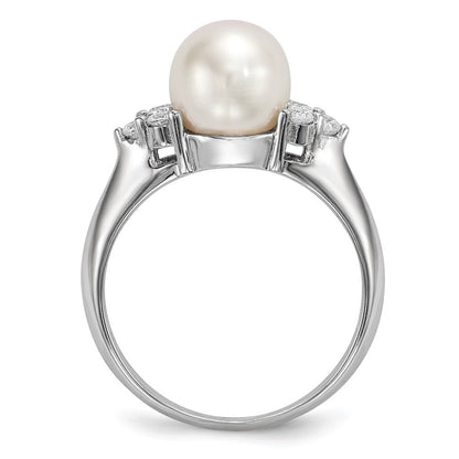 Sterling Silver 8-9mm White Button Freshwater Cultured Pearl and CZ Ring