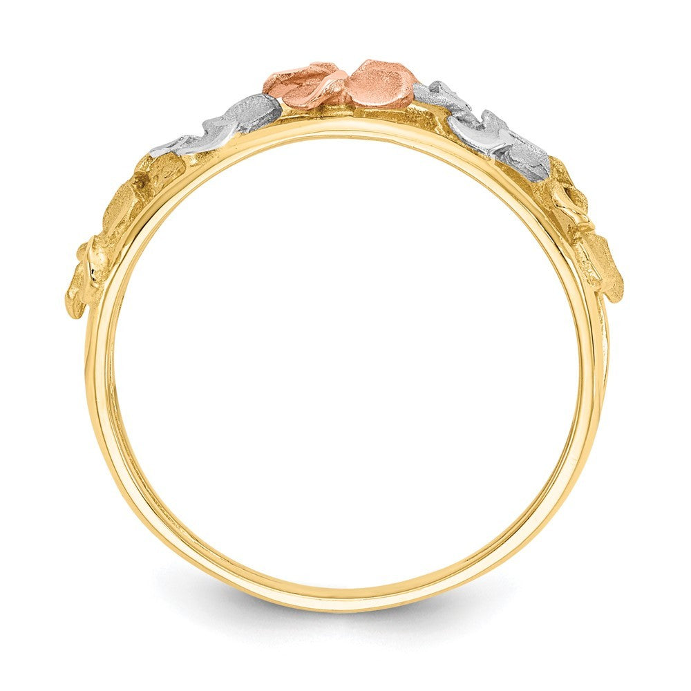 14K Two-tone Gold & Rhodium Satin Polished Diamond-Cut Flower Ring