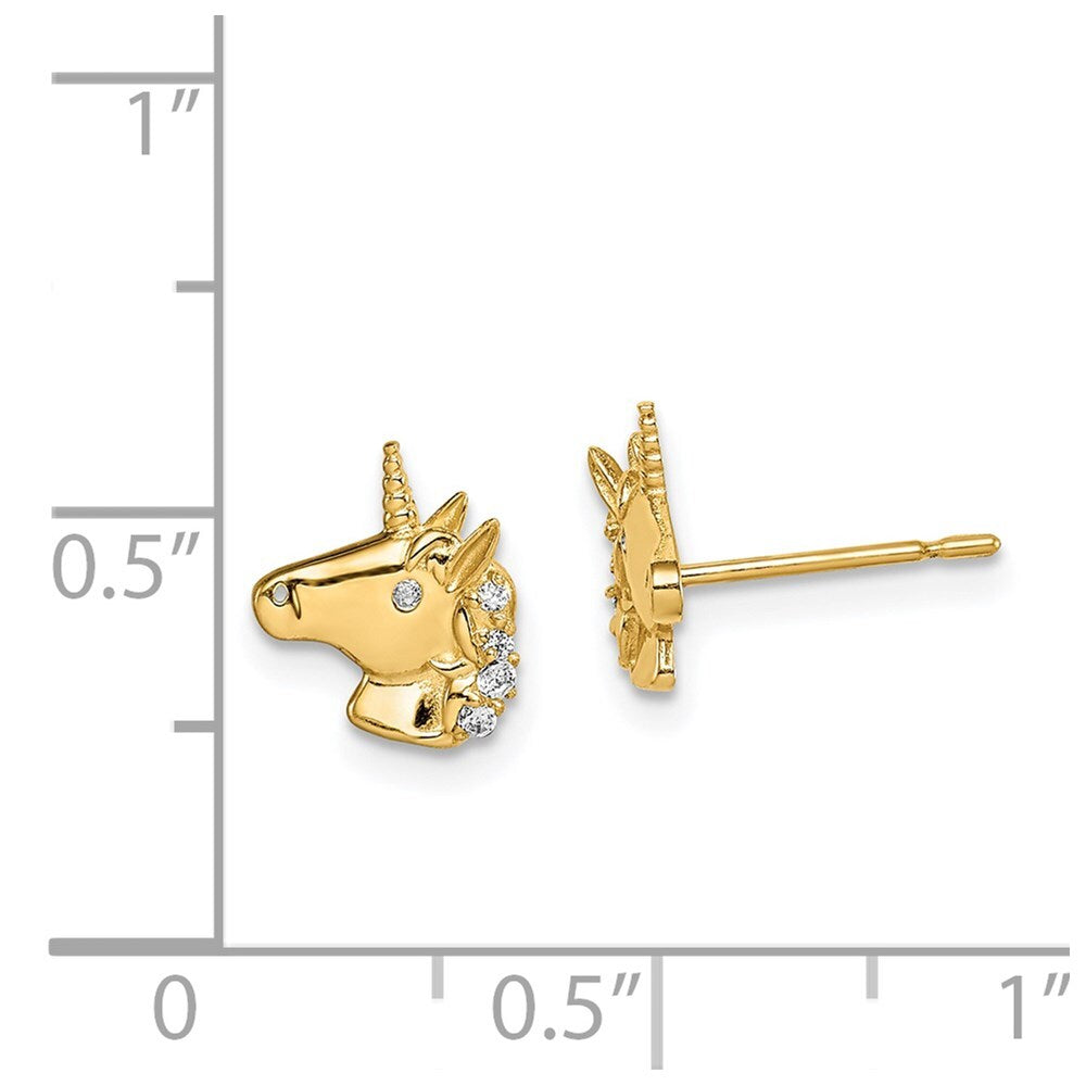 14k Yellow Gold Unicorn Cubic Zirconia Stud Earrings Gift for Women