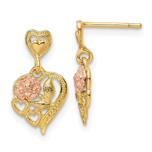 14k Two-tone Gold Heart w/Flower Dangle Earrings