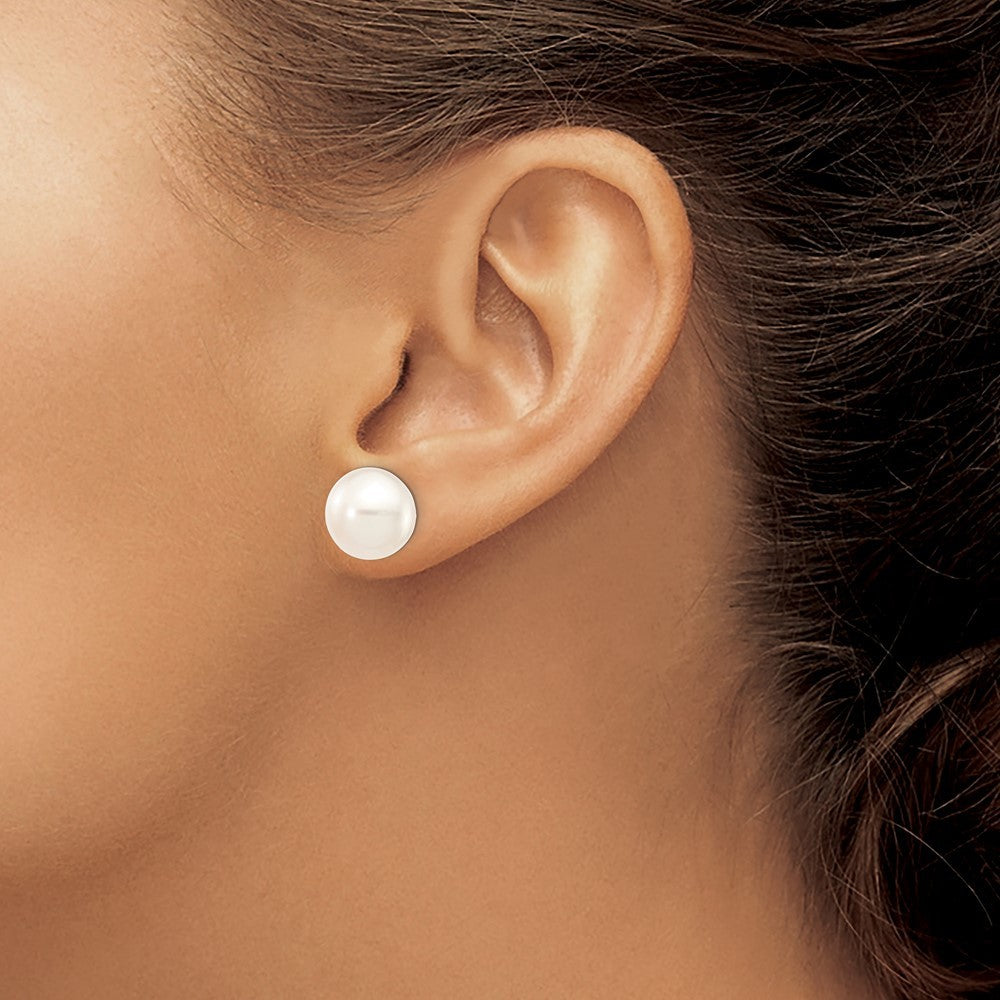 14k White Gold 11-12mm White Button Freshwater Cultured Pearl Stud Earrings
