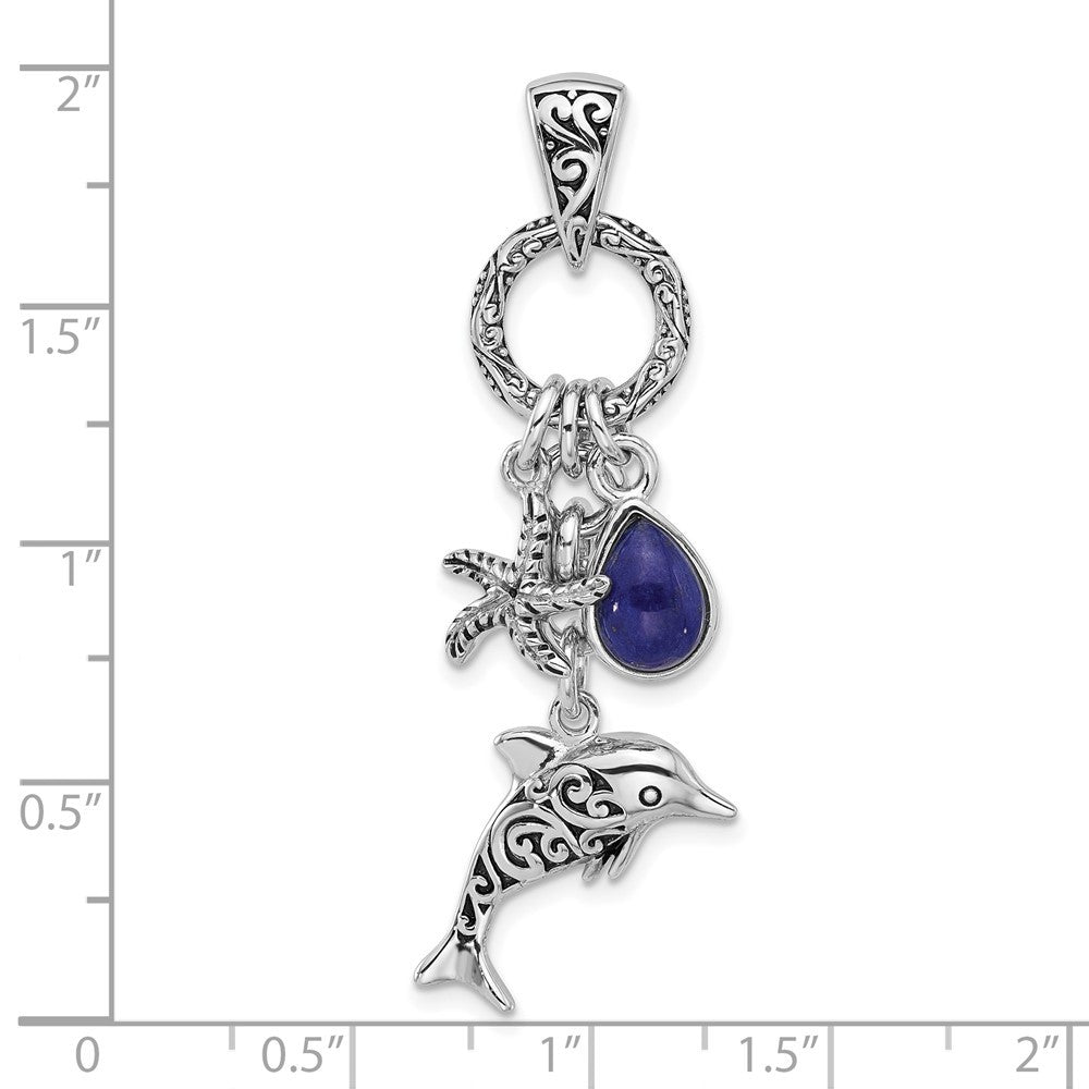Sterling Silver Antiqued Lapis Lazuli Dolphin and Starfish Pendant