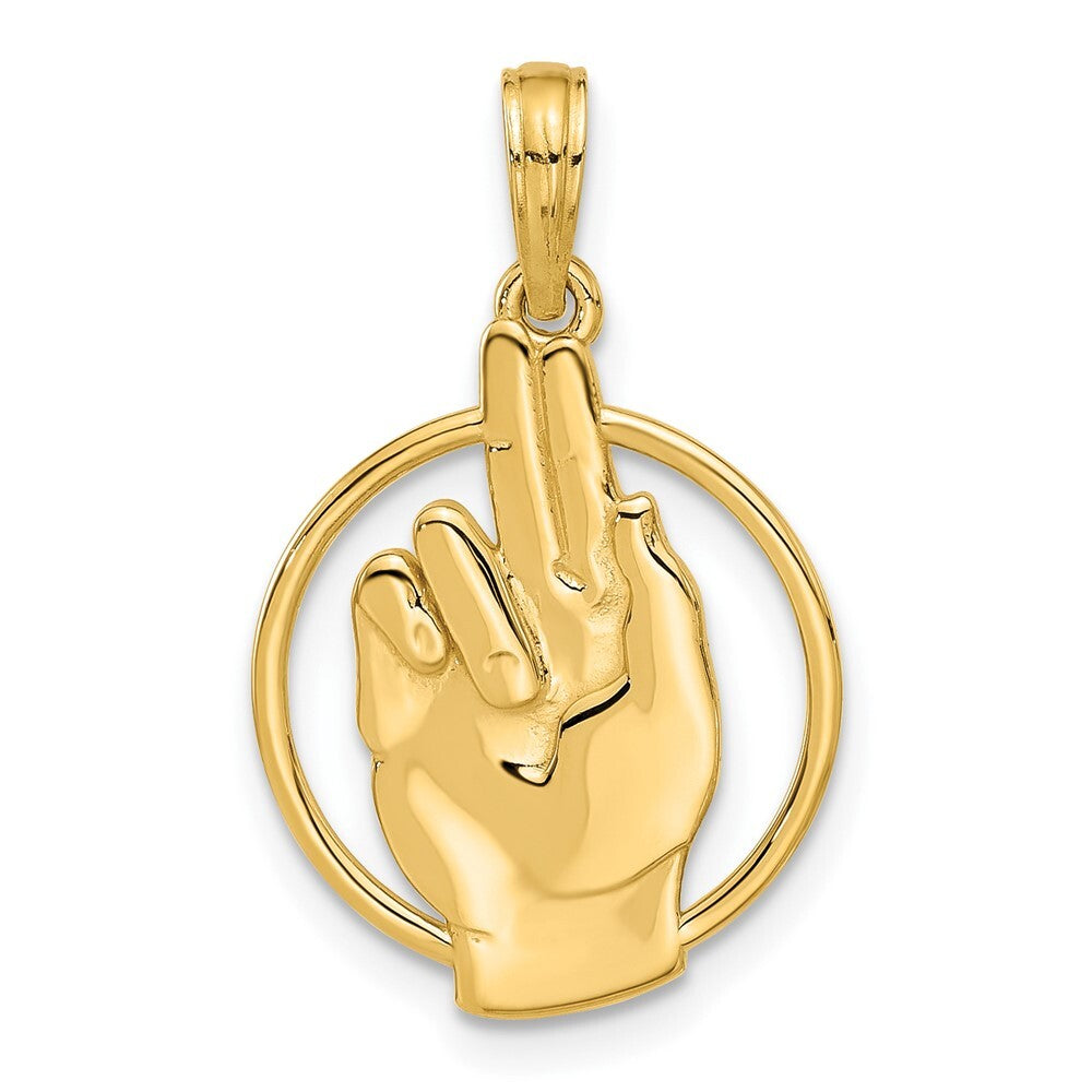 14k Yellow Gold Polished Hand Gesture in Circle Charm Pendant for Women