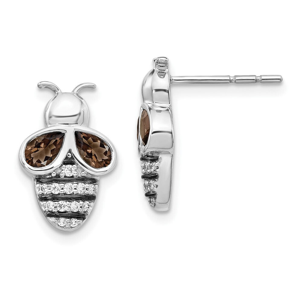 14k White Gold Diamond and Smokey Quartz Bee Stud Earrings