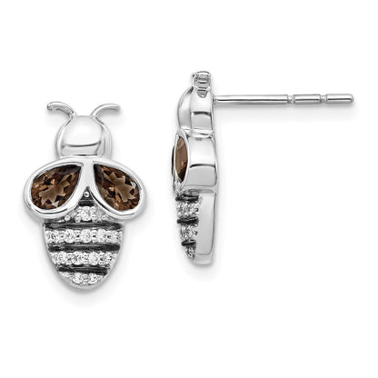 14k White Gold Diamond and Smokey Quartz Bee Stud Earrings