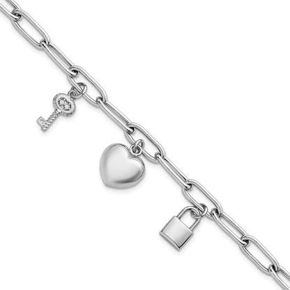 Sterling Silver Heart Lock and Key with CZ 7.5" Paperclip Chain Toggle Bracelet