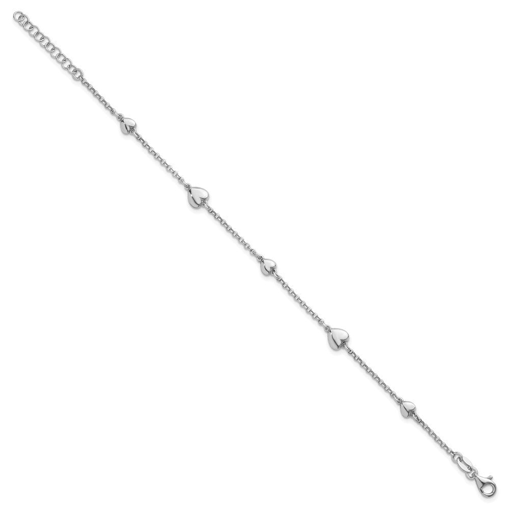 Sterling Silver Rhodium-plated  Five Puffed Hearts 7" with 1" Extender Bracelet