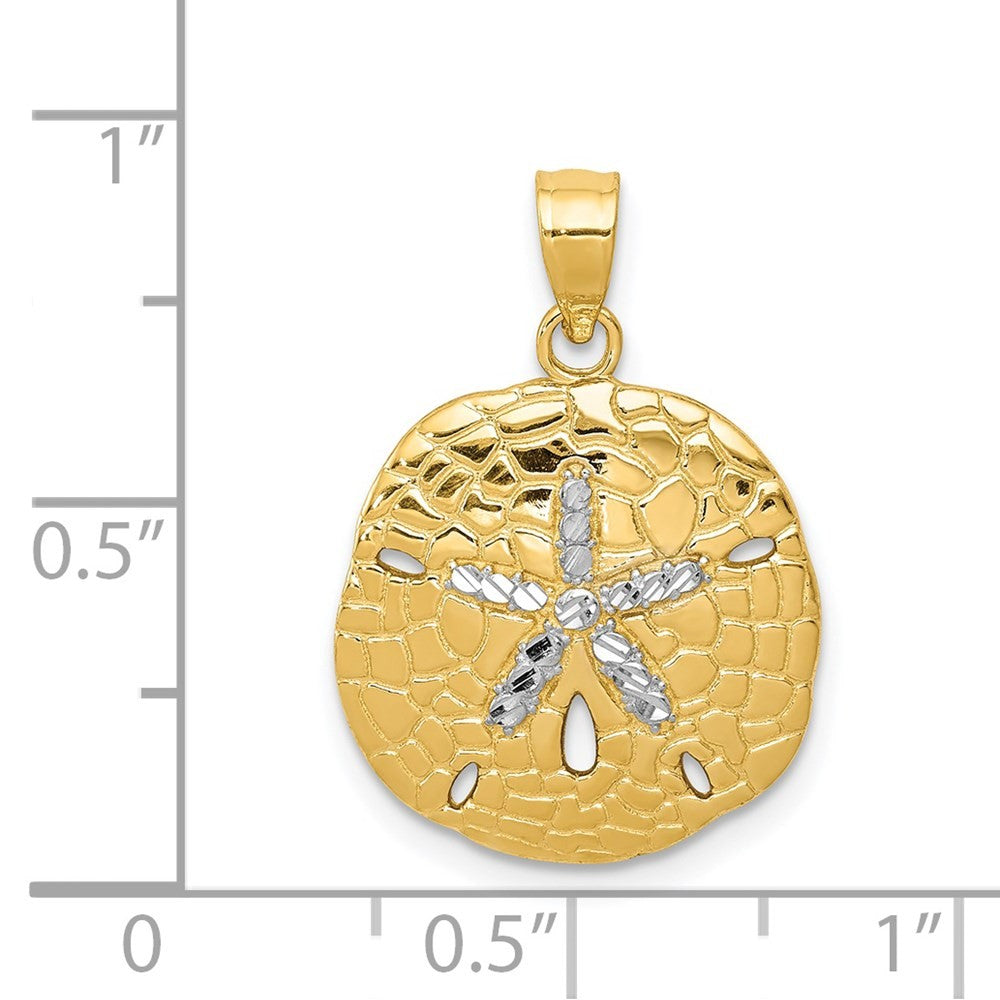 14k Yellow Gold with White Rhodium Polished Diamond-Cut Sand Dollar Pendant
