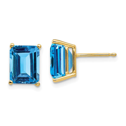 14k Yellow Gold 9x7mm Emerald Cut Blue Topaz Stud Earrings Gift for Women
