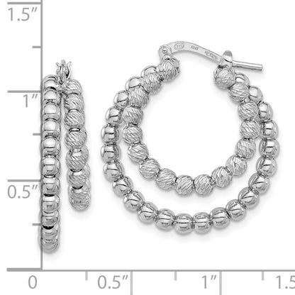 Sterling Silver Rhod-plated Diamond-Cut Beaded Double Hoop Earrings