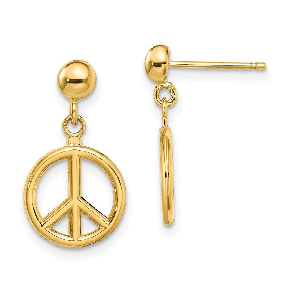 14k Yellow Gold 3-D Polished Peace Symbol Dangle Earrings Gift for Women