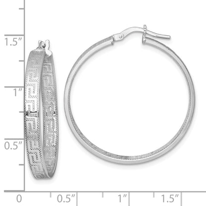 Sterling Silver RH-plated Polished Textured Greek Key Hoop Earrings