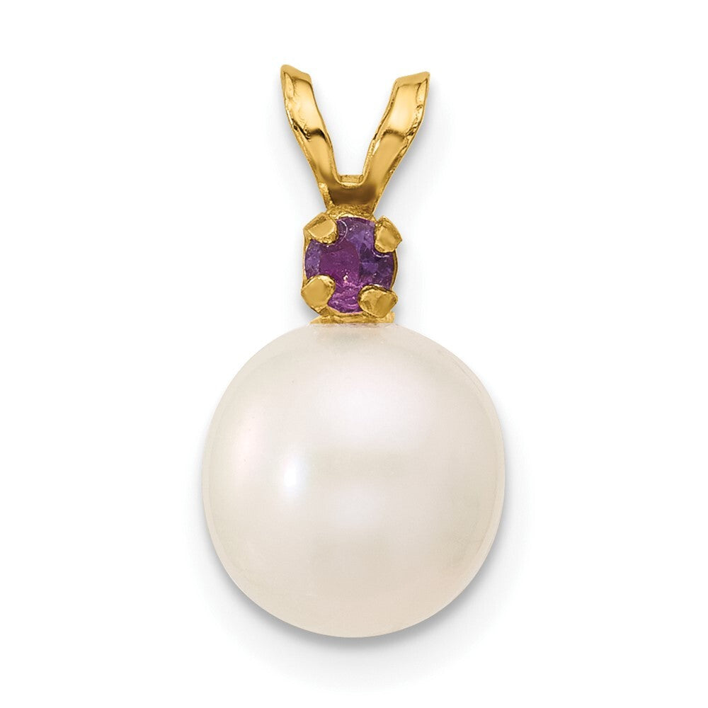 14k Yellow Gold 8-8.5mm White Round Freshwater Cultured Pearl & Amethyst Pendant