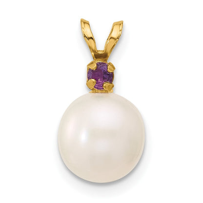 14k Yellow Gold 8-8.5mm White Round Freshwater Cultured Pearl & Amethyst Pendant