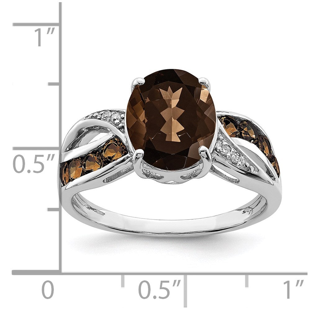 Sterling Silver Rhodium Diamond & Smoky Quartz Ring Size 7