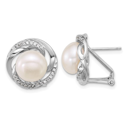 Sterling Silver 9-10mm Freshwater Cultured Pearl and CZ Omega Back Earrings