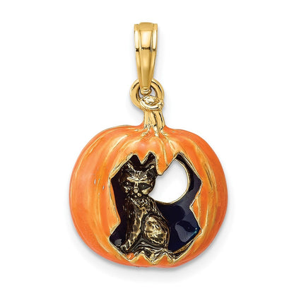 14k Yellow Gold 3-D Enameled Pumpkin w Black Cat and Moon Charm