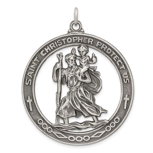 Sterling Silver Antiqued Saint Christopher Medal Pendant