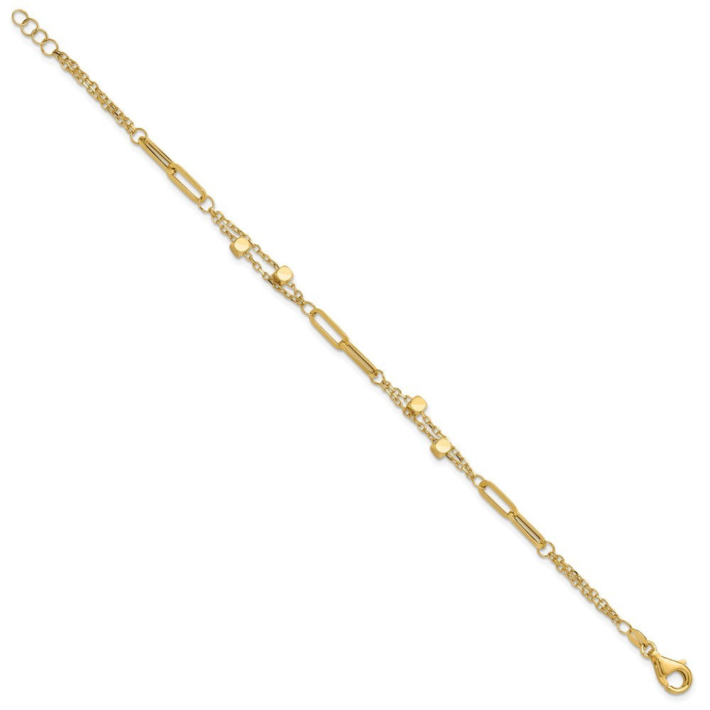 14k Yellow Gold  Square Beads and Paperclip Link 7" Bracelet Plus 0.5" Extender