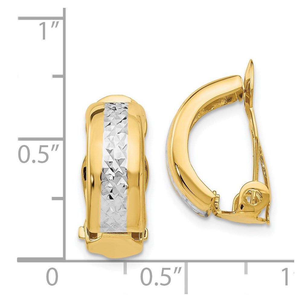 14k Yellow Gold w/ White Rhodium Polished & D/C Non-pierced Hoop Earrings