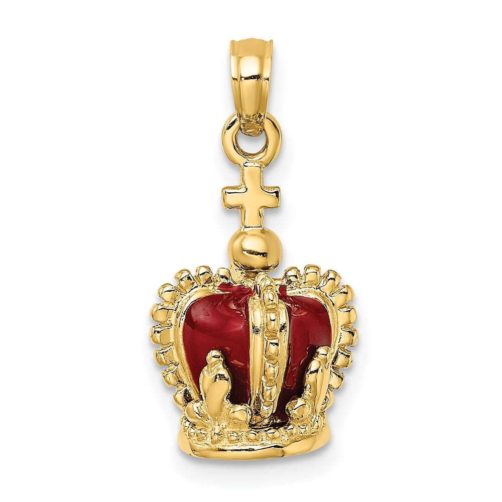 14k Yellow Gold 3-D  Red Enamel Inside Crown  Cross On top Charm Pendant
