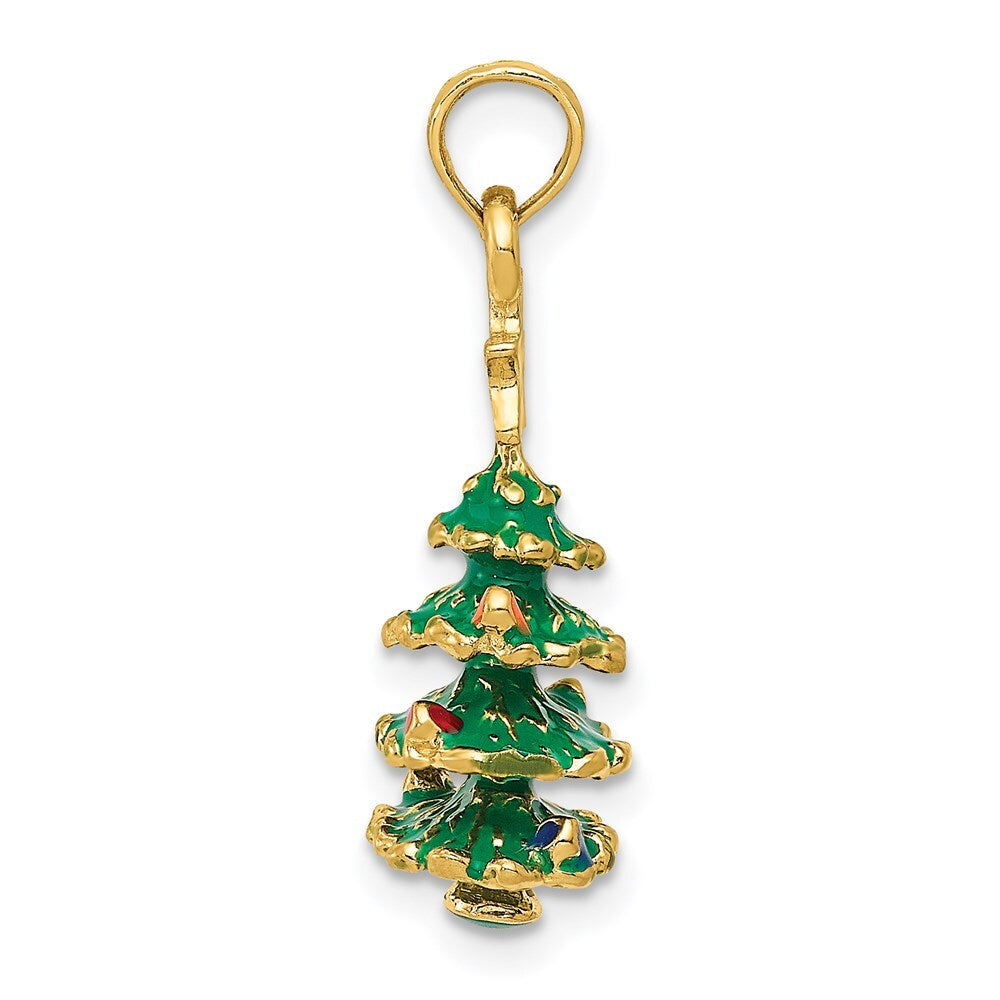 14k Yellow Gold 3D Enameled Christmas Tree Pendant for Women