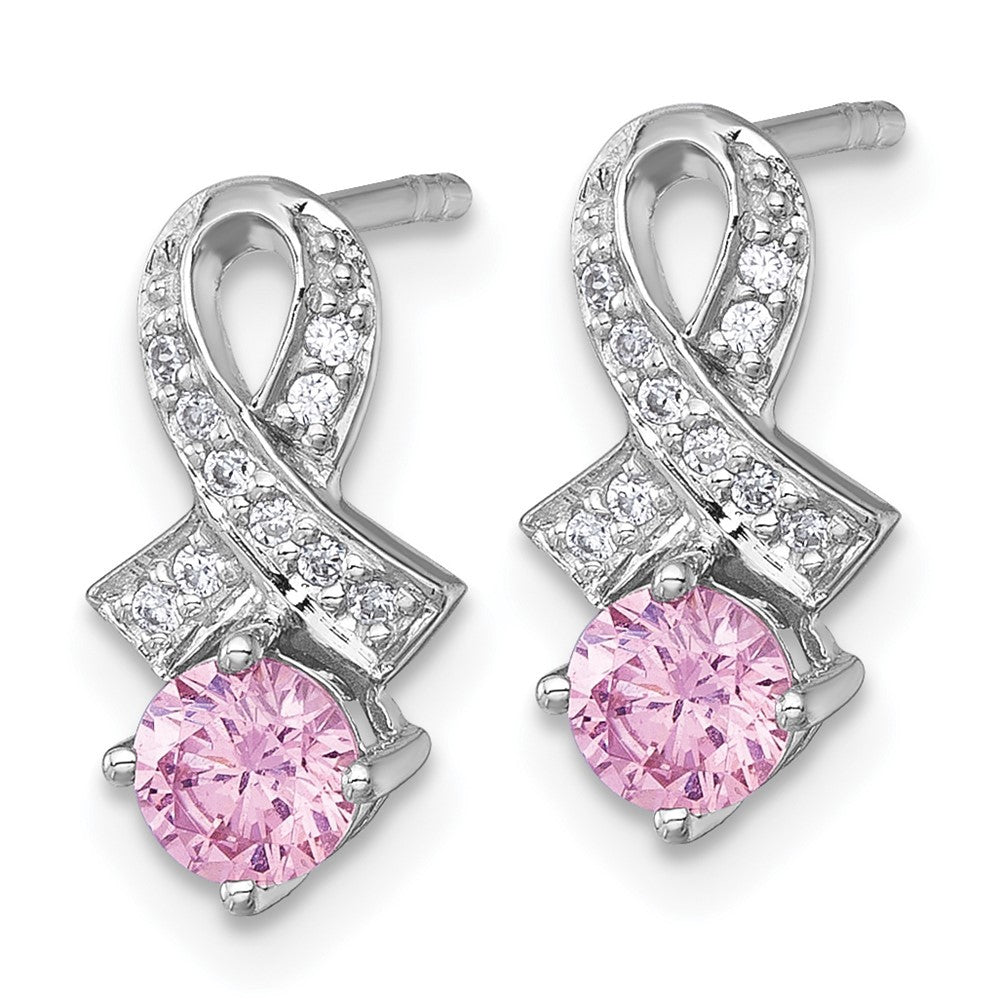 Sterling Silver Polished Round Pink and CZ Awareness Ribbon Earrings