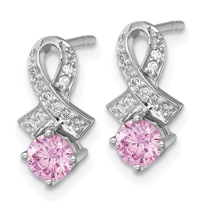 Sterling Silver Polished Round Pink and CZ Awareness Ribbon Earrings