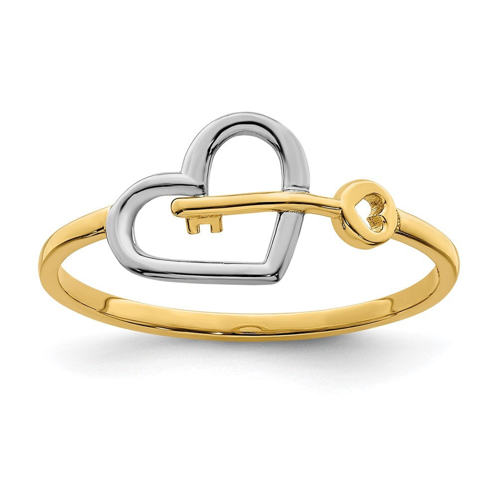 14K Yellow Gold w/Rhodium Heart and Key Ring Size 7