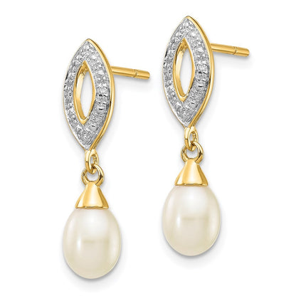 14k Yellow Gold 7x5mm White Teardrop FWC Pearl .01ct Diamond Dangle Earrings