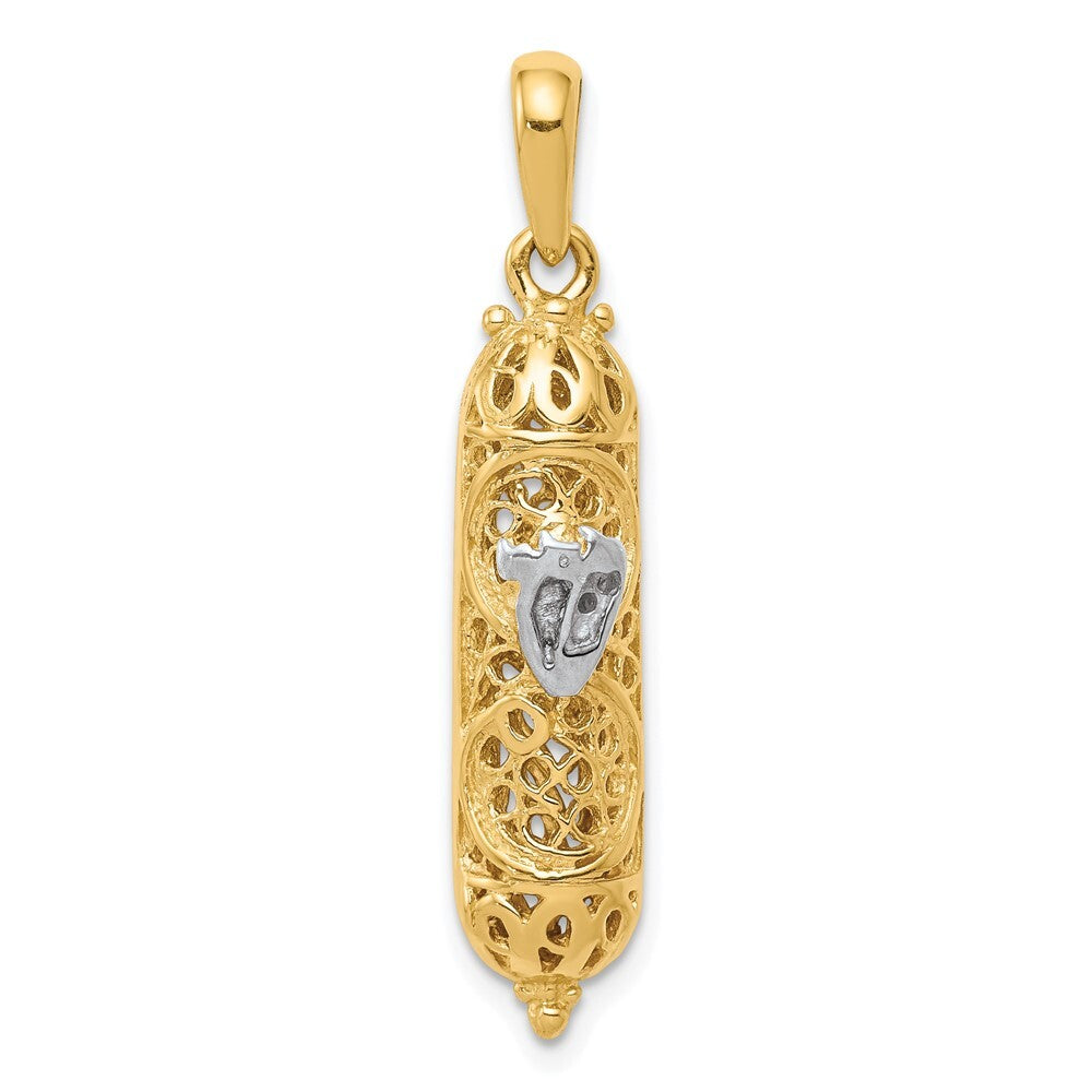 14k Yellow Gold  White Rhodium 3D Mezuzah Shin Charm Pendant for Women